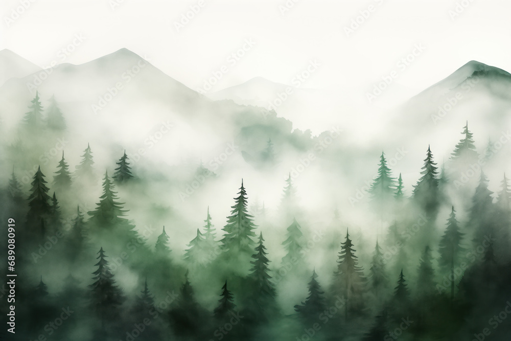 abstract watercolour forest painting with misty fog in the mountains