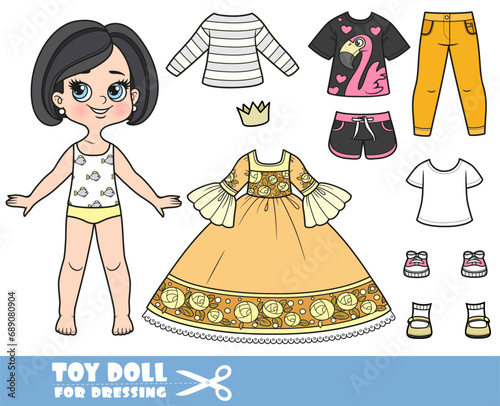Cartoon brunette girl with bob haircut and clothes separately -  elegant ball dress for princess and crown, shirts, jeans, sneakers and sandals