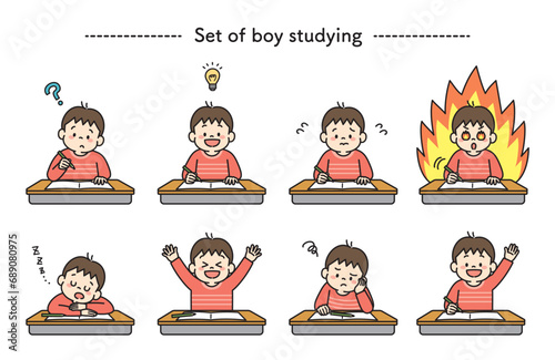 机に向かって勉強する男の子のイラストセット