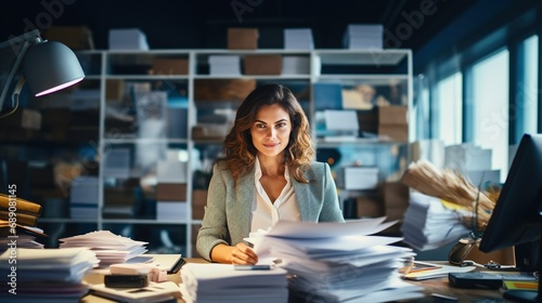 A smiling businesswoman multitasking at her desk, surrounded by paperwork and contemporary office decor photo