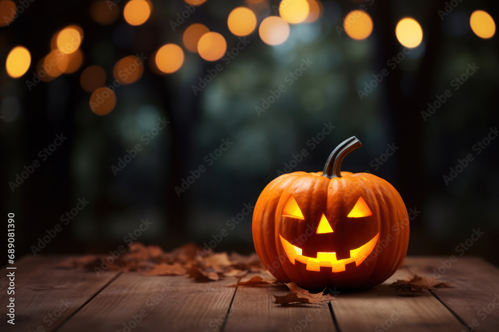 Fototapeta premium Halloween Pumpkin with Glowing Eyes, Forest Sunset Halloween Scene