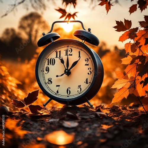 Clock Alarm At Sunrise With Leaves.
