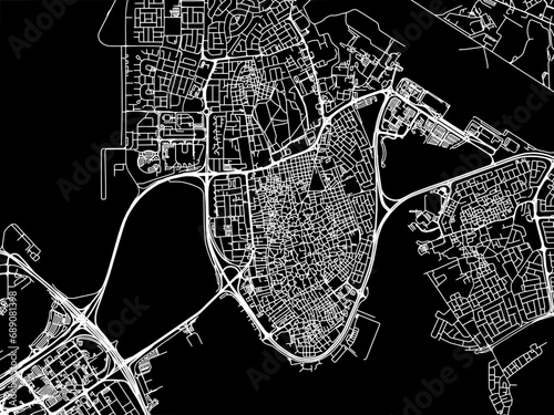 Vector road map of the city of Al Muharraq in Bahrain with white roads on a black background.