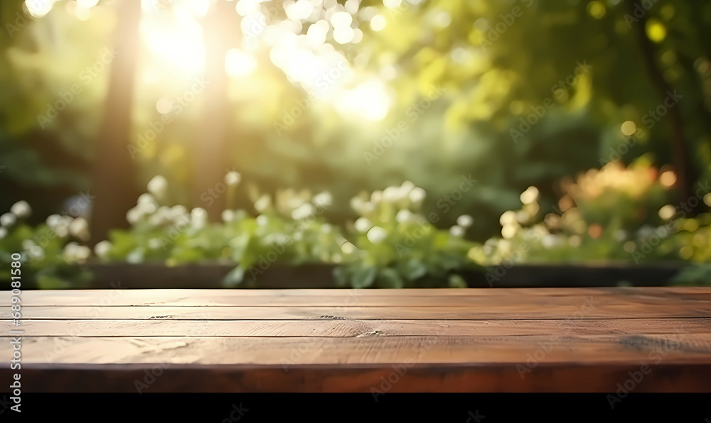 A Wooden Table With A Blurry Background Of Trees And Sunlight, Empty sturdy wooden table summer time. A Wooden Table With A Blurry Background Of Trees And Sunlight, Empty sturdy wooden table summer time.