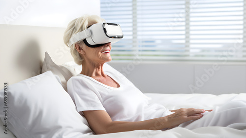 Senior woman sitting on bed in hospital in wearing VR goggles, technology in medicinet. Banner