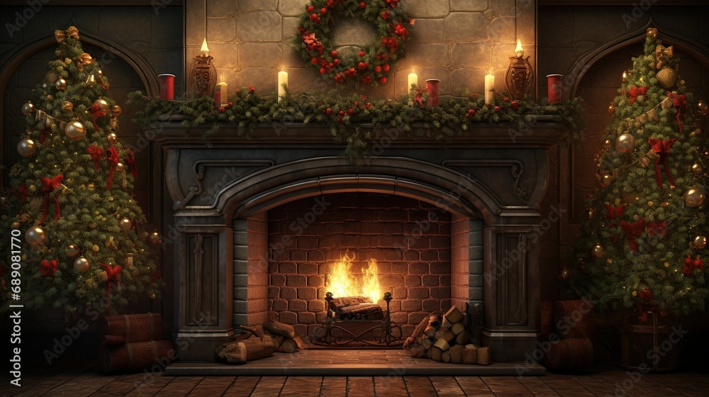 Beautiful festively decorated home with fireplace and Christmas decorations