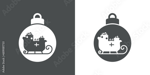 Tiempo de Navidad. Logo con silueta de bola de navidad con trineo de Santa Claus con cajas de regalo con lazo de cinta para su uso en tarjetas y felicitaciones