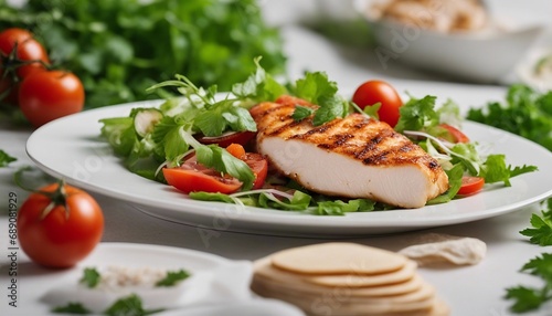 Chicken breast fillet and vegetable salad with tomatoes and green leaves on a light background. top view

