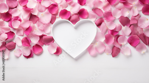 pink rose petals with a loveheart in the center frame, valentines day photo