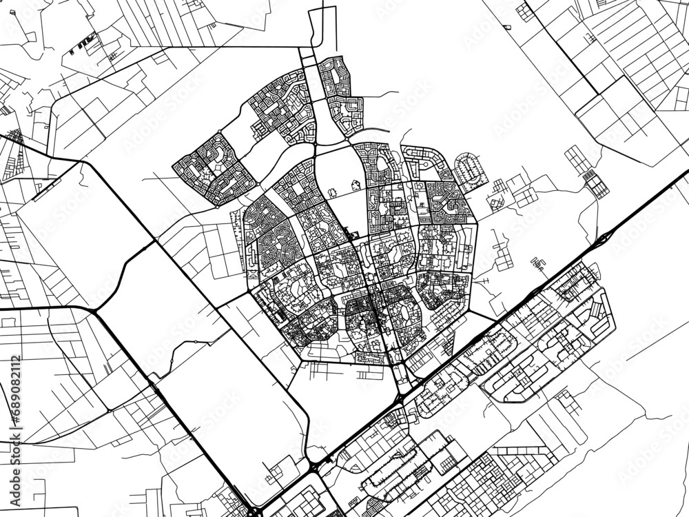 Vector road map of the city of Al 'Ashir min Ramadan in Egypt with black roads on a white background.