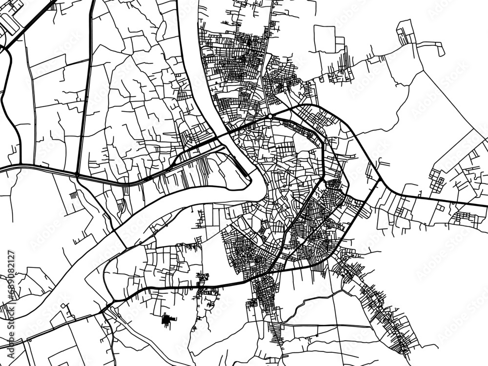 Naklejka premium Vector road map of the city of Damietta in Egypt with black roads on a white background.