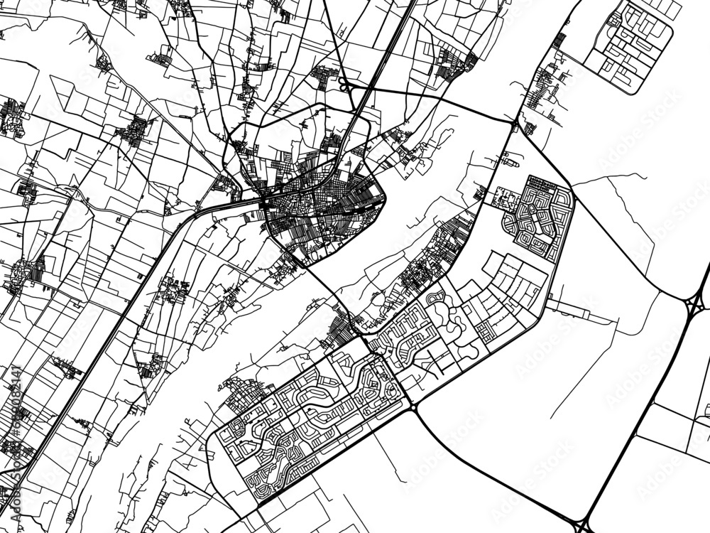Naklejka premium Vector road map of the city of Bani Suwayf in Egypt with black roads on a white background.