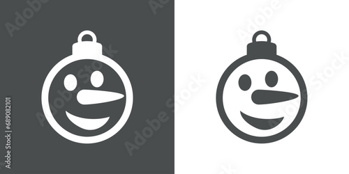 Logo snowman. Silueta de bola de navidad con cara de muñeco de nieve con nariz de zanahoria para su uso en tarjetas y felicitaciones de Navidad