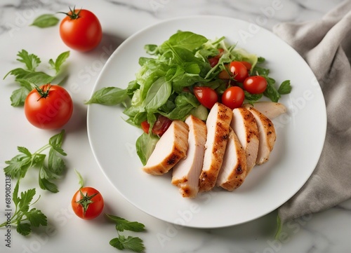 Chicken breast fillet and vegetable salad with tomatoes and green leaves on a light background. top view