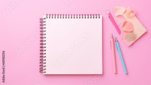 School supplies accessories stationery on pink background, flat lay, top view. Education supply accessory open empty notebook stuff. Back to school concept. Copy space.