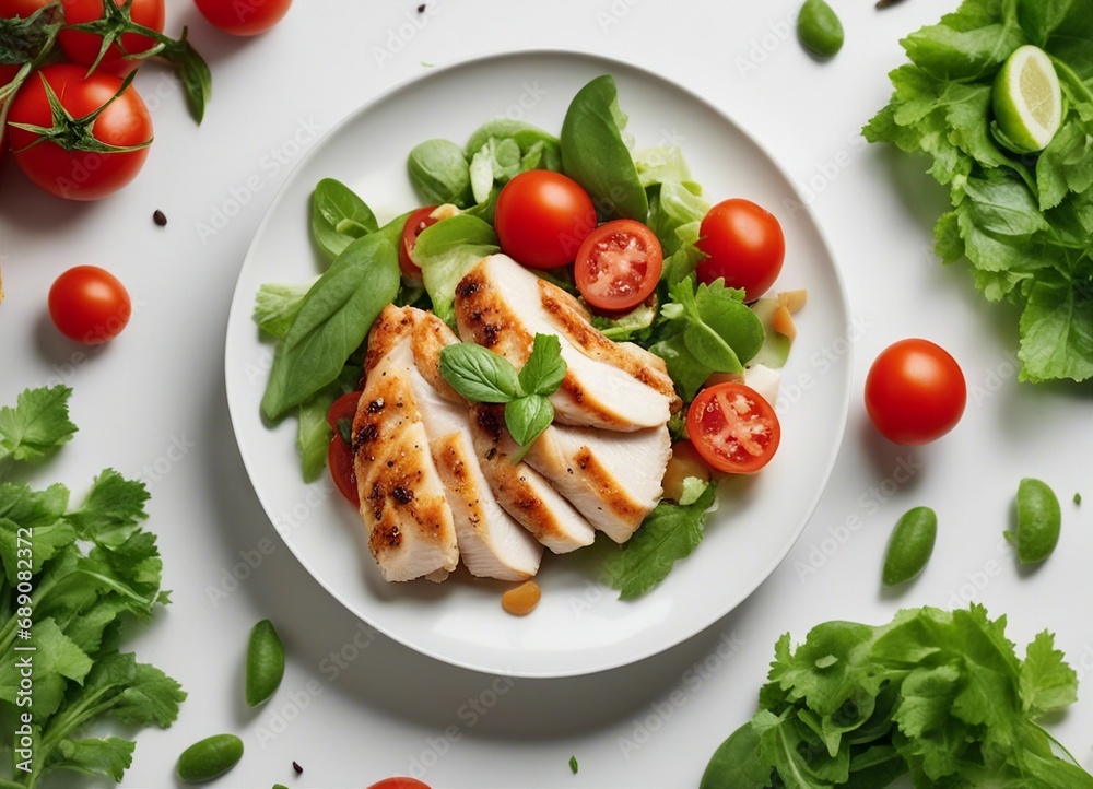 Chicken breast fillet and vegetable salad with tomatoes and green leaves on a light background. top view

