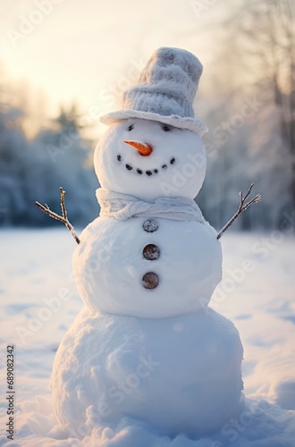Cute snowman with hat and scarf on the blurred background of snowy landscape. © Hanna