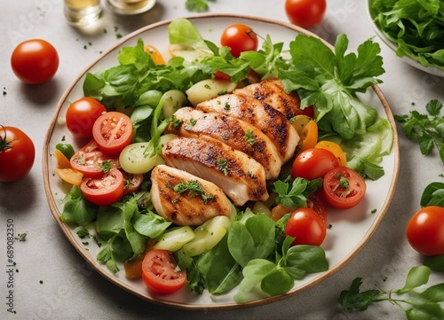 Chicken breast fillet and vegetable salad with tomatoes and green leaves on a light background. top view
