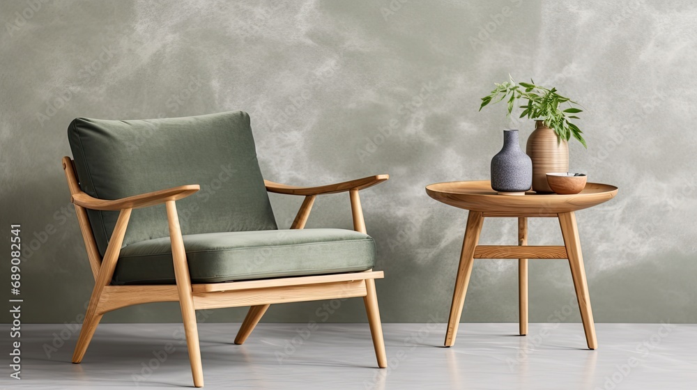 Minimalist composition of Scandinavian living room with design. Gray armchair and wooden coffee table and copy space in retro home decoration. Minimalist composition of Scandinavian living room with design. Gray armchair and wooden coffee table and copy space in retro home decoration.