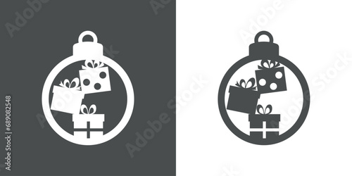 Tiempo de Navidad. Logo con silueta de bola de navidad con 3 cajas de regalo con lazo de cinta para su uso en tarjetas y felicitaciones