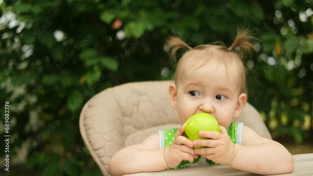 Portrait of a cute funny baby girl, eating a green apple, sitting in a high chair in the garden on a sunny summer day. Portrait of a cute funny baby girl, eating a green apple, sitting in a high chair in the garden on a sunny summer day.
