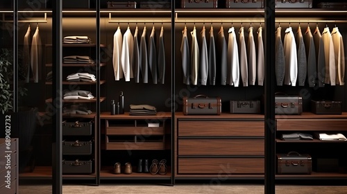 Elegant minimalist male walk in wardrobe with clothes hanging on rods, shelves and drawers. Dressing room with space for storing and organizing accessories