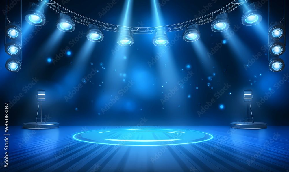 A Stage With Lights And A Circle, stage with set of blue spotlights.