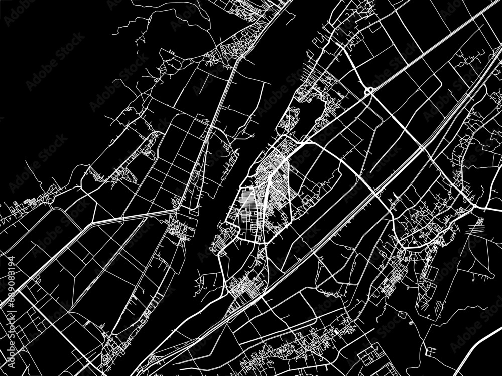 Vector road map of the city of Luxor in Egypt with white roads on a black background.