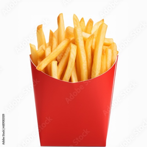 French fries or fried potatoes in a red carton box isolated on white background with clipping path and full depth of field