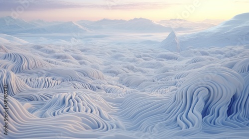 Surreal Snowy Landscape with Flowing Patterns. A digital artwork depicting a serene and surreal landscape with flowing snow patterns and a soft  pastel sky.