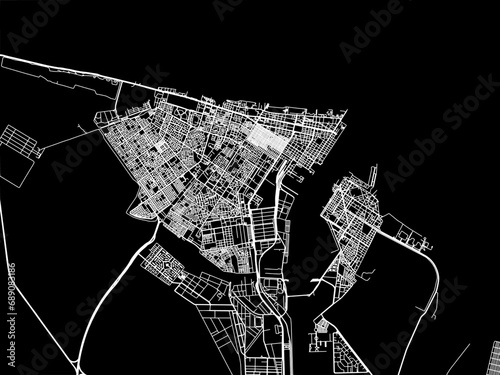 Vector road map of the city of Port Said in Egypt with white roads on a black background.