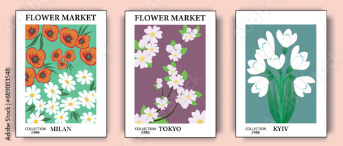 Flower market set of botanical posters with various flower arrangements. Illustrations for postcards, backgrounds, banners, advertising. Vector illustration.