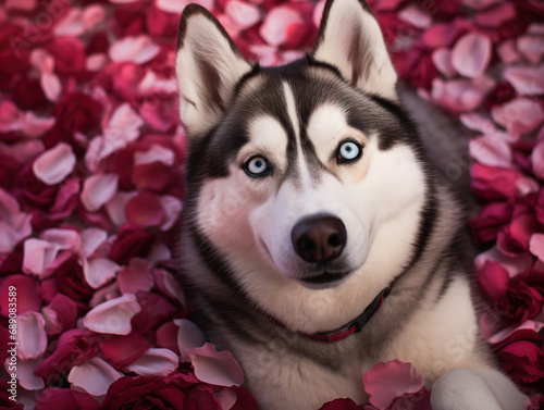 cute siberian husky dog sitting in red rose petal leaves  cute valentines pet animal photoshoot