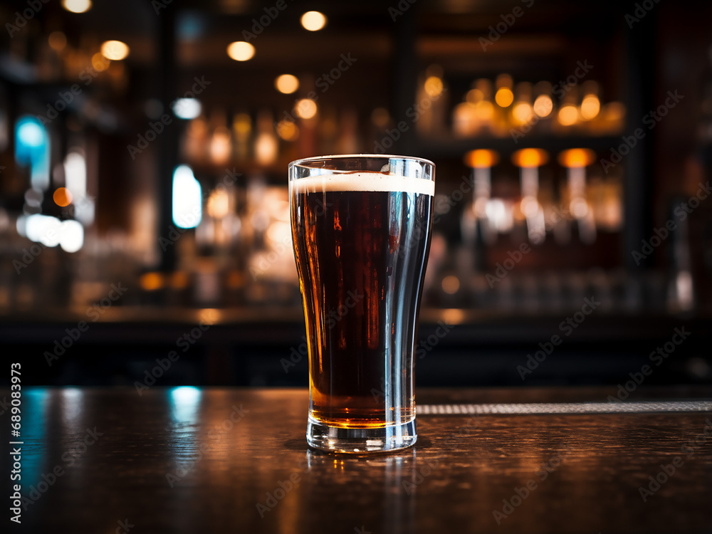 Dark beer in a cozy bar. AI Generation.
