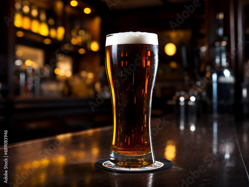 Dark beer in a bar setting. AI Generation.