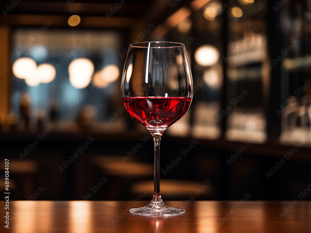 A glass of red wine on a bar counter. AI Generation.