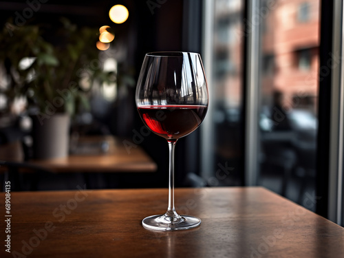 A glass of red wine on a wooden table. AI Generation.