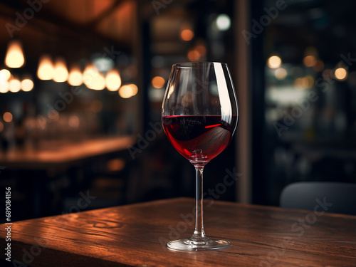 A bottle and glass of red wine at a bar. AI Generation.