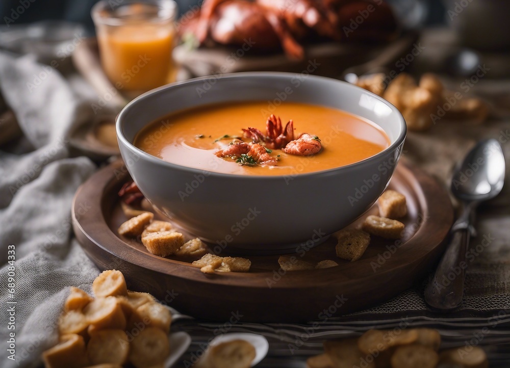New England Lobster Bisque soup in white plate
New England Lobster Bisque soup in white plate
