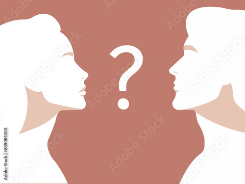 Young man and woman profile silhouettes with question mark in between. Different people opinion comparison. Couple relationship problem, divorce, separation, crisis. Doubt and frustration concept.