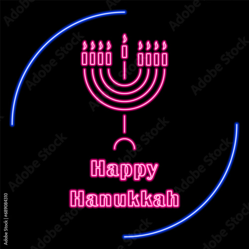 Hanukkah neon sign, modern glowing banner design, colorful modern design trends on black background. Vector illustration.