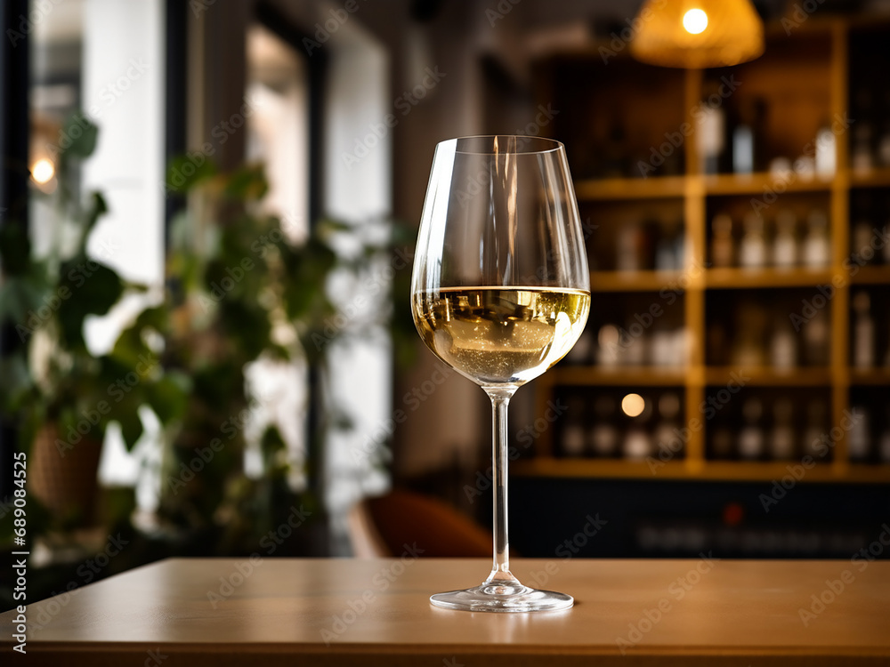 A chilled glass of white wine resting on a wooden bar. AI Generation. A chilled glass of white wine resting on a wooden bar. AI Generation.