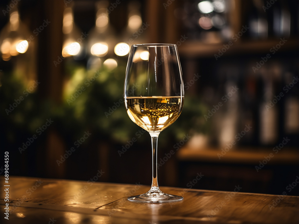 White wine poured into a stemmed glass, ready to sip. AI Generation. White wine poured into a stemmed glass, ready to sip. AI Generation.