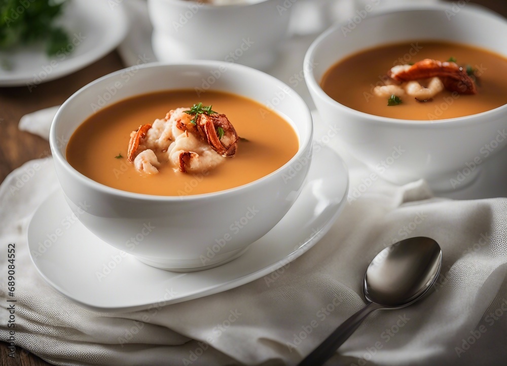 New England Lobster Bisque soup in white plate
New England Lobster Bisque soup in white plate