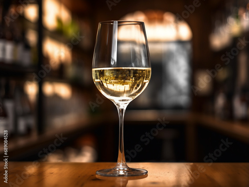 A crystal-clear glass of white wine, glistening in soft light. AI Generation.