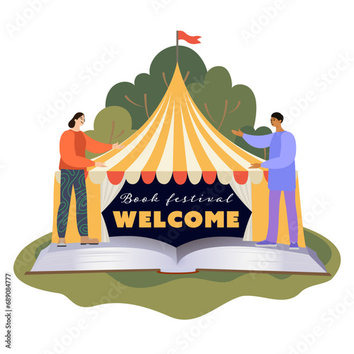 Book festival and fair concept.Fair tent with people invitation to book fair, book fairInternational literacy day, book fair or festival. Isolated flat vector Illustration, poster and banner