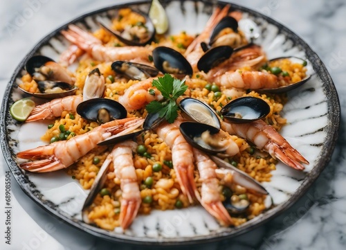 Traditional spanish seafood paella, white marble background, top view with copy space