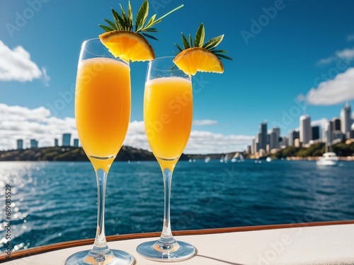 Yacht Party Extravaganza Bubbly and Bright Mimosa on Sydney Harbour. AI Generated.