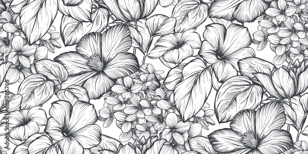 Beautiful hand drawn vector seamless pattern with black and white garden flowers, clematis, hydrangea, begonia Beautiful hand drawn vector seamless pattern with black and white garden flowers, clematis, hydrangea, begonia