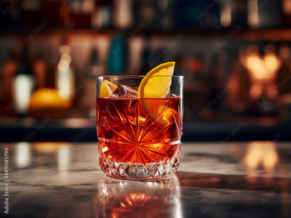 A luscious Negroni in a glass. AI Generation.